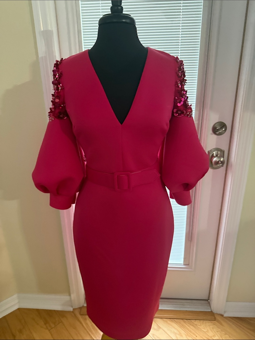 Badgley Mischka Hot Pink V-Neck Midi Dress with Embellished Puff Sleeves - Picture 4 of 4